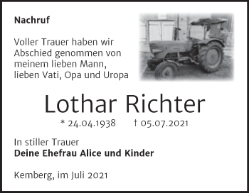 Traueranzeige von Lothar Richter von Trauerkombi Wittenberg