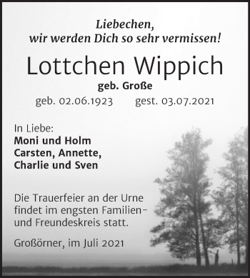 Traueranzeige von Lottchen Wippich von Mitteldeutsche Zeitung Mansfelder Land