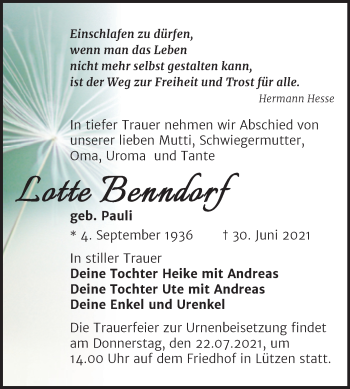 Traueranzeige von Lotte Benndorf von Trauerkombi Weißenfels