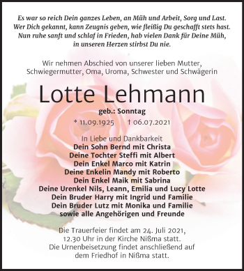Traueranzeige von Lotte Lehmann von Trauerkombi Zeitz