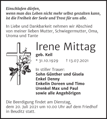 Traueranzeige von lrene Mittag von Mitteldeutsche Zeitung Halle/Saalkreis