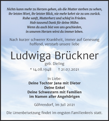 Traueranzeige von Ludwiga Brückner von Trauerkombi Merseburg