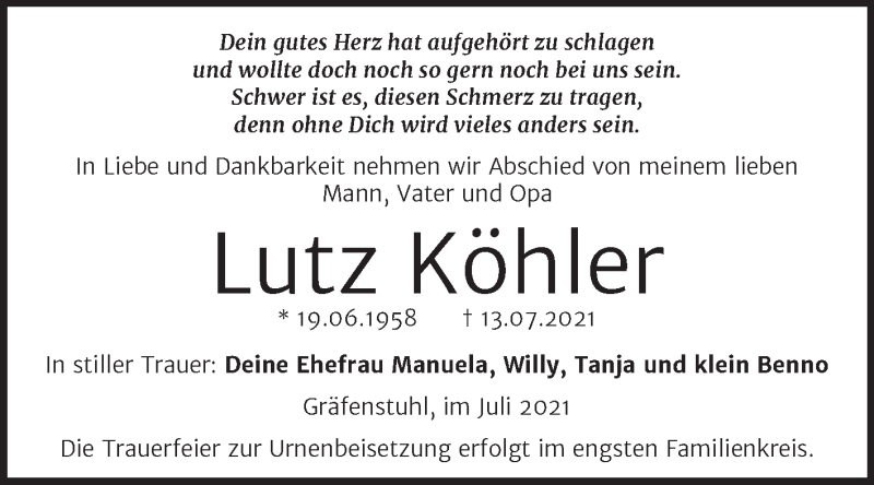  Traueranzeige für Lutz Köhler vom 16.07.2021 aus Trauerkombi Mansfelder Land