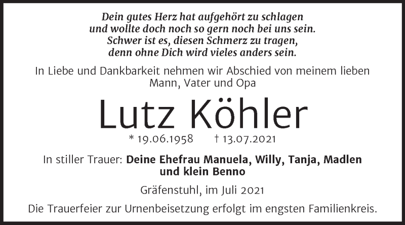  Traueranzeige für Lutz Köhler vom 17.07.2021 aus Trauerkombi Mansfelder Land