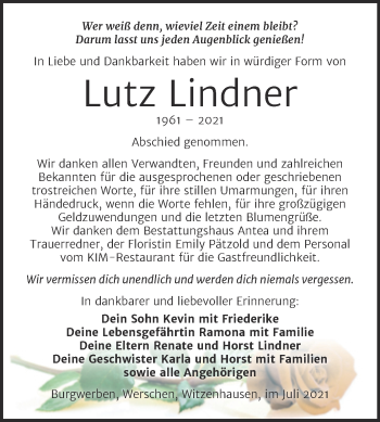 Traueranzeige von Lutz Lindner von Trauerkombi Weißenfels