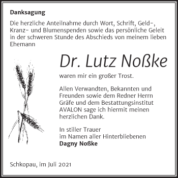 Traueranzeige von Lutz Noßke von Trauerkombi Merseburg