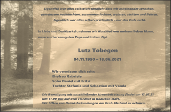 Traueranzeige von Lutz Tobegen von Trauerkombi Dessau