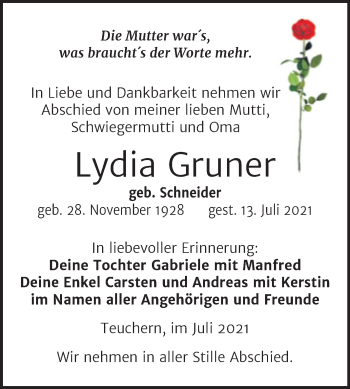 Traueranzeige von Lydia Gruner von Trauerkombi Weißenfels
