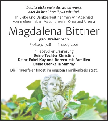Traueranzeige von Magdalena Bittner von Trauerkombi Merseburg