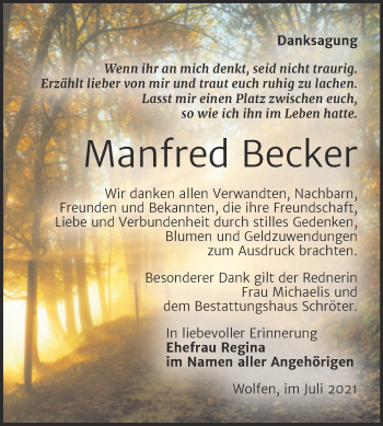 Traueranzeige von Manfred Becker von Trauerkombi Bitterfeld