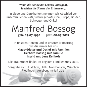 Traueranzeige von Manfred Bossog von Trauerkombi Sangerhausen