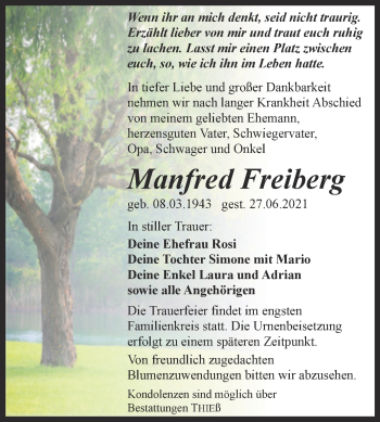Traueranzeige von Manfred Freiberg von Trauerkombi Quedlinburg