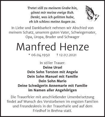 Traueranzeige von Manfred Henze von Trauerkombi Bitterfeld