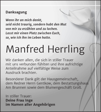 Traueranzeige von Manfred Herrling von Trauerkombi Mansfelder Land