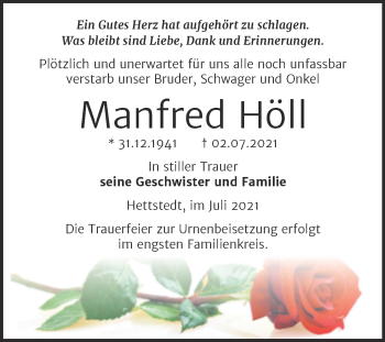 Traueranzeige von Manfred Höll von Trauerkombi Mansfelder Land