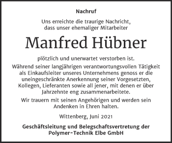 Traueranzeige von Manfred Hübner von Super Sonntag Wittenberg