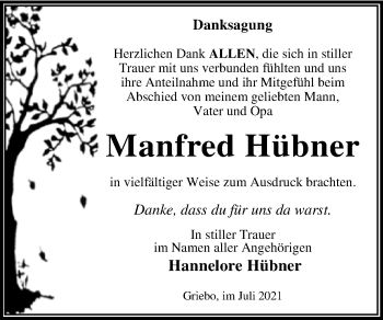 Traueranzeige von Manfred Hübner von Trauerkombi Wittenberg