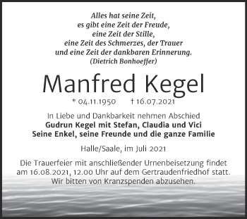 Traueranzeige von Manfred Kegel von Mitteldeutsche Zeitung Halle/Saalkreis