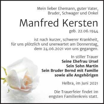 Traueranzeige von Manfred Kersten von Mitteldeutsche Zeitung Mansfelder Land