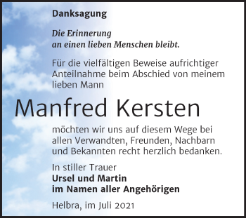 Traueranzeige von Manfred Kersten von Mitteldeutsche Zeitung Mansfelder Land
