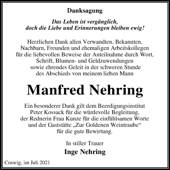 Traueranzeige von Manfred Nehring von Trauerkombi Wittenberg