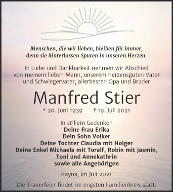 Traueranzeige von Manfred Stier von Trauerkombi Zeitz
