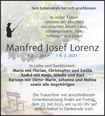 Traueranzeige von Manfred Josef Lorenz von Trauerkombi Quedlinburg
