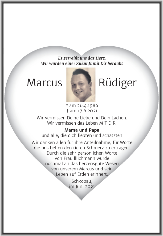  Traueranzeige für Marcus Rüdiger vom 24.07.2021 aus Trauerkombi Merseburg