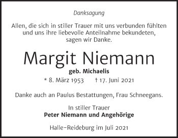 Traueranzeige von Margit Niemann von Mitteldeutsche Zeitung Halle/Saalkreis