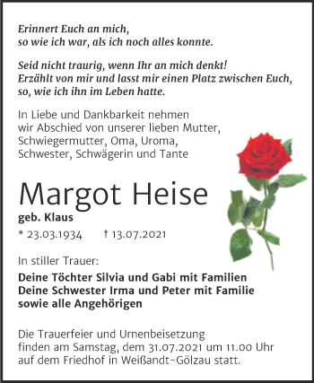 Traueranzeige von Margot Heise von Trauerkombi Köthen