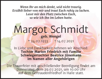 Traueranzeige von Margot Schmidt von Mitteldeutsche Zeitung Halle/Saalkreis