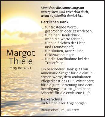 Traueranzeige von Margot Thiele von Trauerkombi Wittenberg