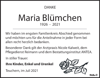 Traueranzeige von Maria Blümchen von Trauerkombi Weißenfels