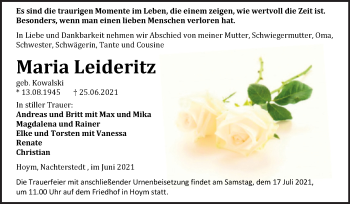 Traueranzeige von Maria Leideritz von Trauerkombi Aschersleben