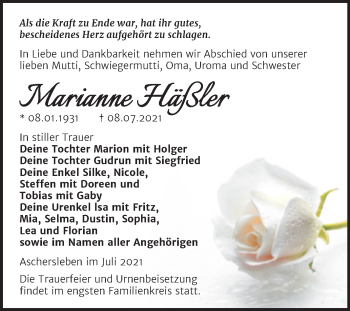 Traueranzeige von Marianne Häßler von Trauerkombi Aschersleben