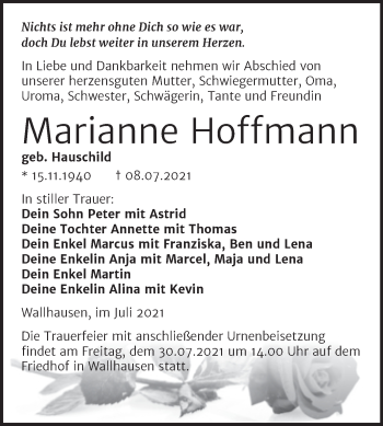 Traueranzeige von Marianne Hoffmann von Trauerkombi Sangerhausen