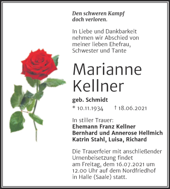 Traueranzeige von Marianne Kellner von Mitteldeutsche Zeitung Halle/Saalkreis
