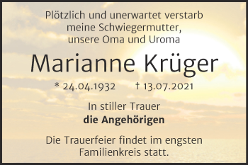 Traueranzeige von Marianne Krüger von Trauerkombi Bernburg