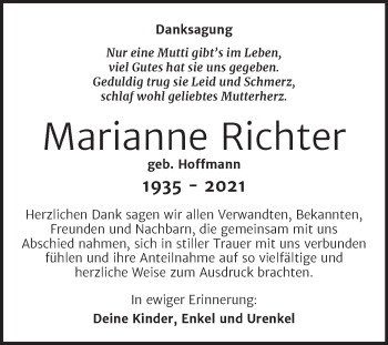 Traueranzeige von Marianne Richter von Trauerkombi Zeitz