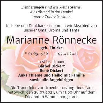 Traueranzeige von Marianne Rönnecke von Trauerkombi Mansfelder Land