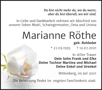 Traueranzeige von Marianne Röthe von Trauerkombi Wittenberg