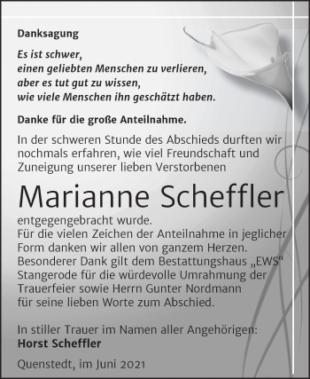 Traueranzeige von Marianne Scheffler von Trauerkombi Mansfelder Land