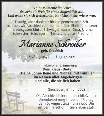 Traueranzeige von Marianne Schreiber von Trauerkombi Aschersleben