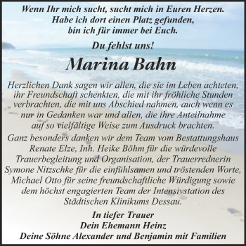 Traueranzeige von Marina Bahn von Trauerkombi Dessau