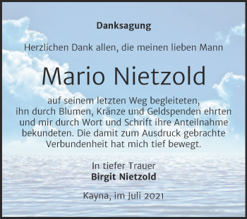 Traueranzeige von Mario Nietzold von Trauerkombi Zeitz