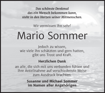 Traueranzeige von Mario Sommer von Trauerkombi Mansfelder Land