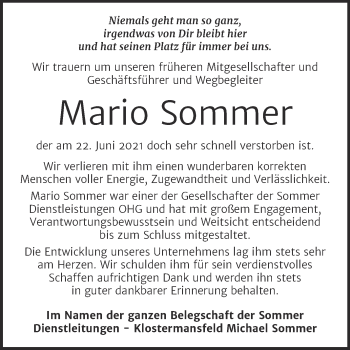 Traueranzeige von Mario Sommer von Super Sonntag Mansfelder Land