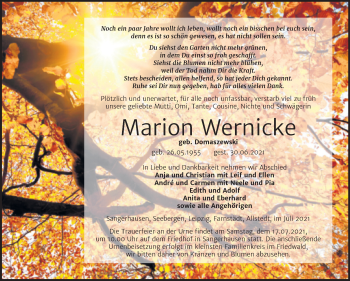Traueranzeige von Marion Wernicke von Trauerkombi Sangerhausen