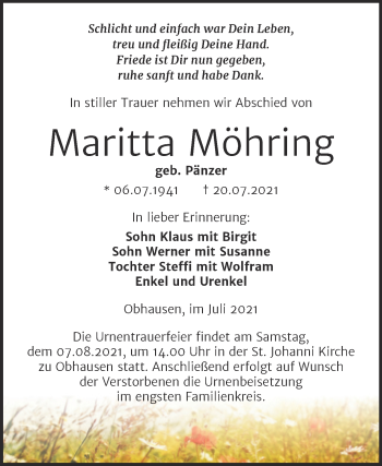 Traueranzeige von Maritta Möhring von Trauerkombi Merseburg