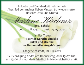 Traueranzeige von Marlene Kirchner von Trauerkombi Merseburg